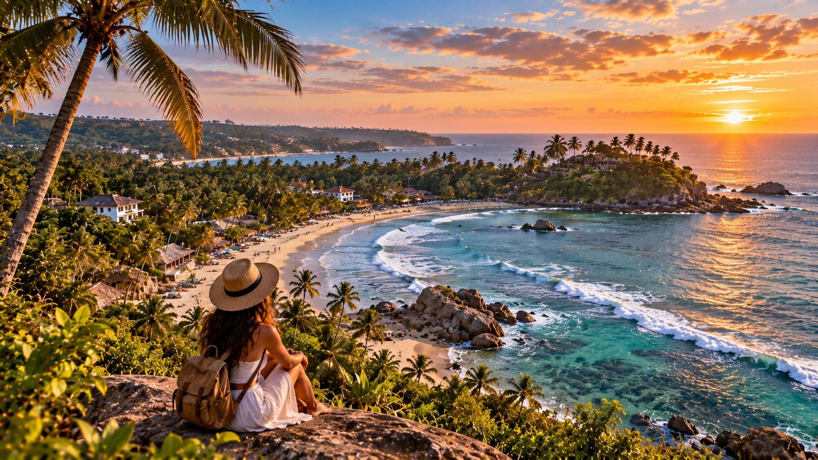 Una viaggiatrice con il cappello di paglia guarda una baia con palme e un mare turchese al tramonto