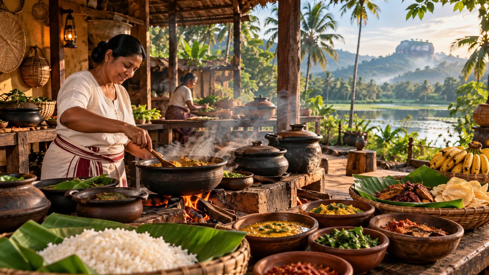 A woman cooking curry in a clay pot over a fire in an open kitchen, with bowls of rice and curries and a lake and misty hills behind