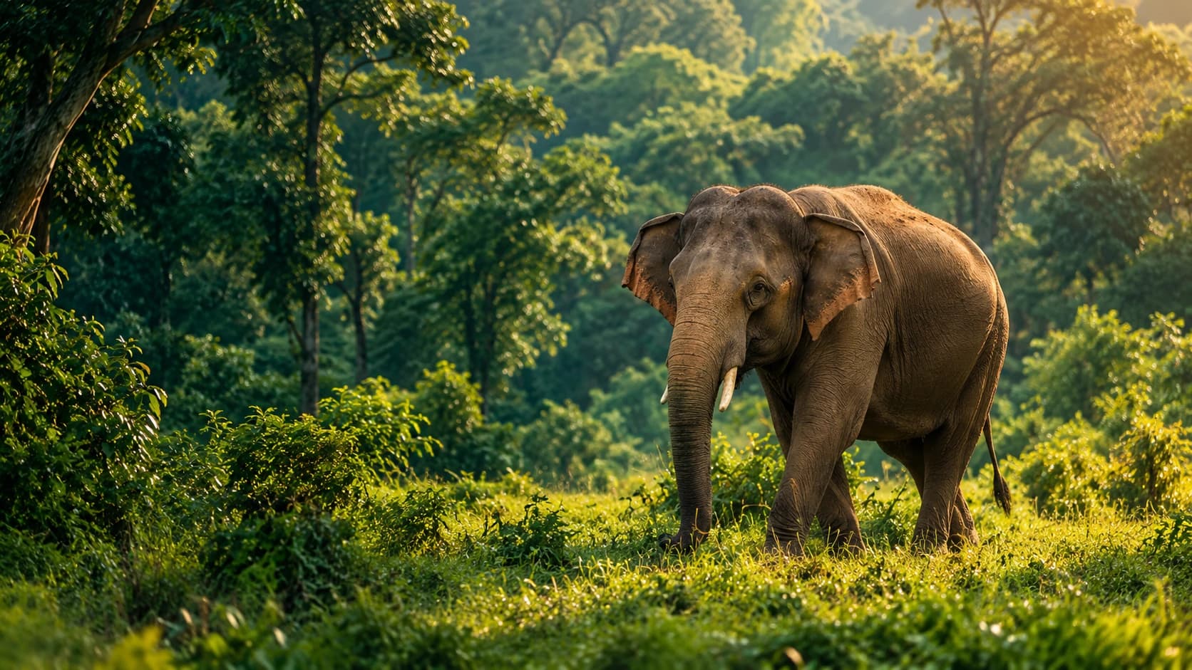 A tusked elephant walking through a sunlit clearing in green jungle