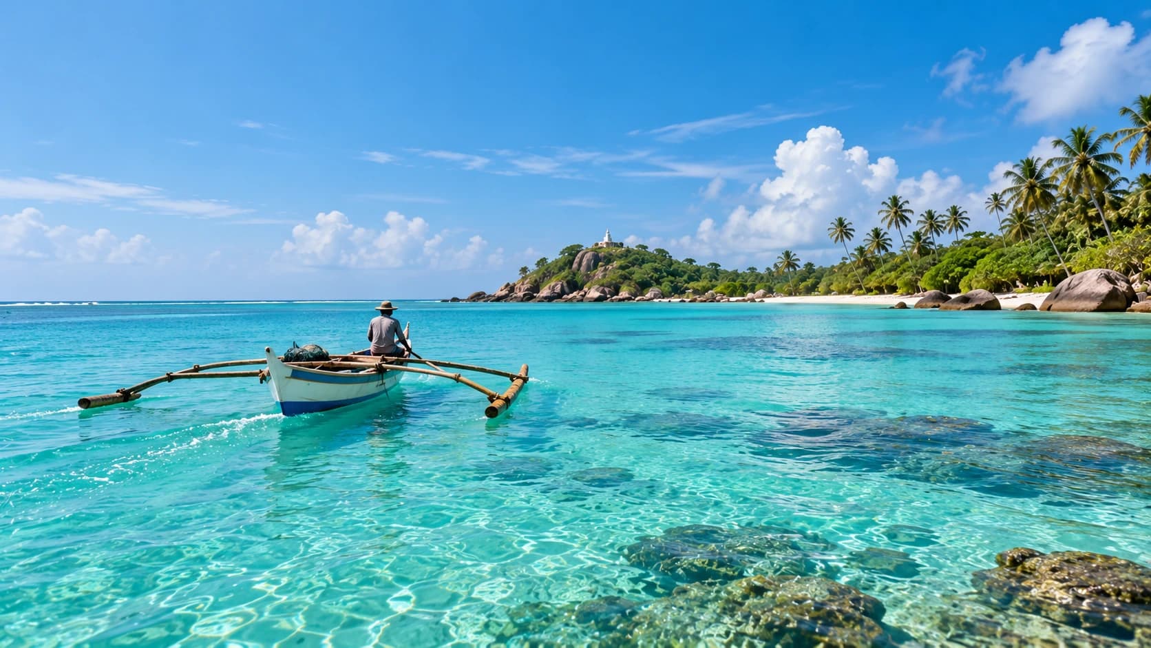 A fisherman in an outrigger boat on clear turquoise water near a palm-lined shore