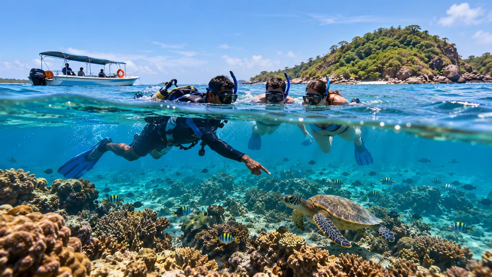 Snorkellers with a guide swimming over a coral reef with a sea turtle, with a boat and a green headland behind