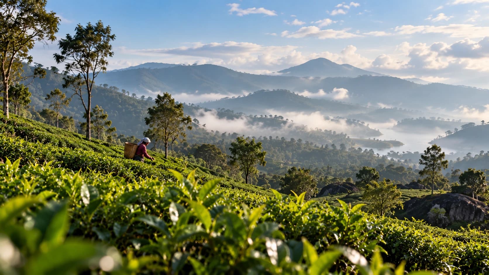 A tea picker on a hillside of tea bushes, with misty ridges and mountains behind