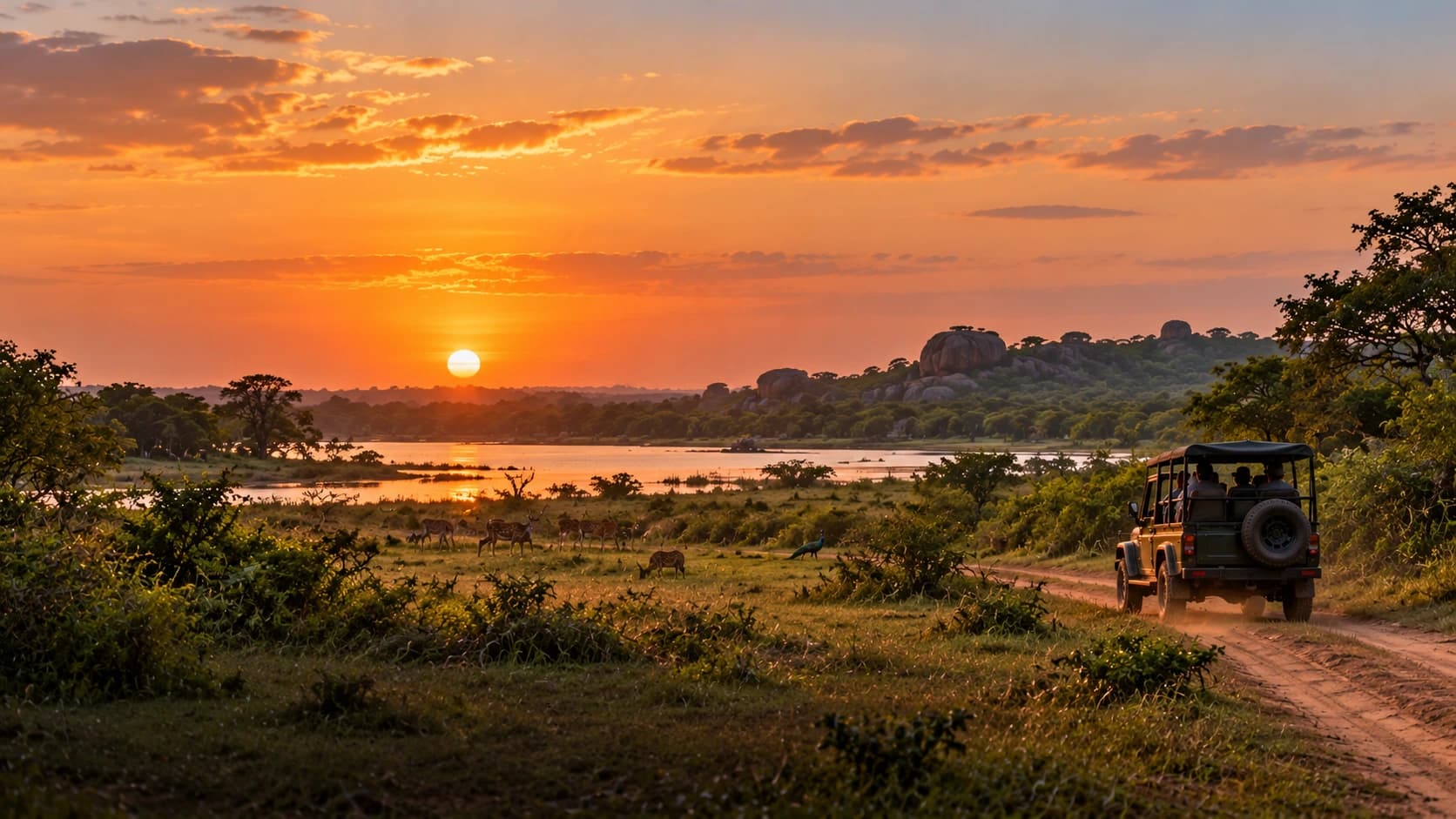 Una jeep da safari su una pista sterrata vicino a un lago al tramonto, con animali al pascolo in lontananza