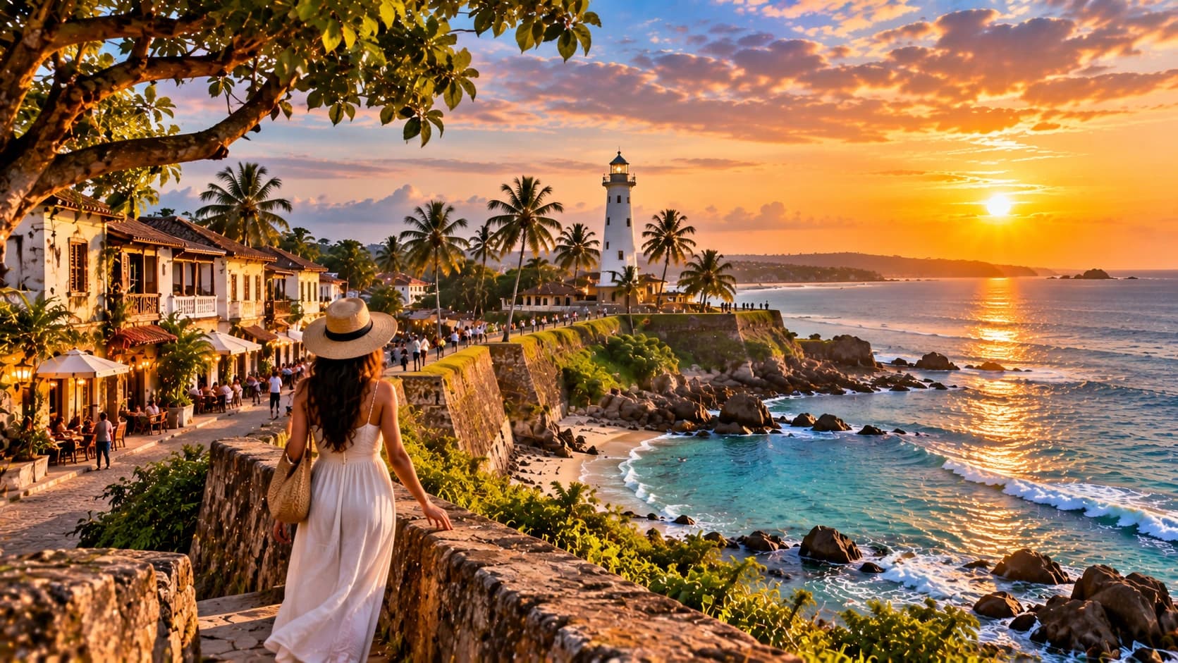 A woman in a sun hat walking along an old fort wall towards a lighthouse at sunset, with the sea on the right
