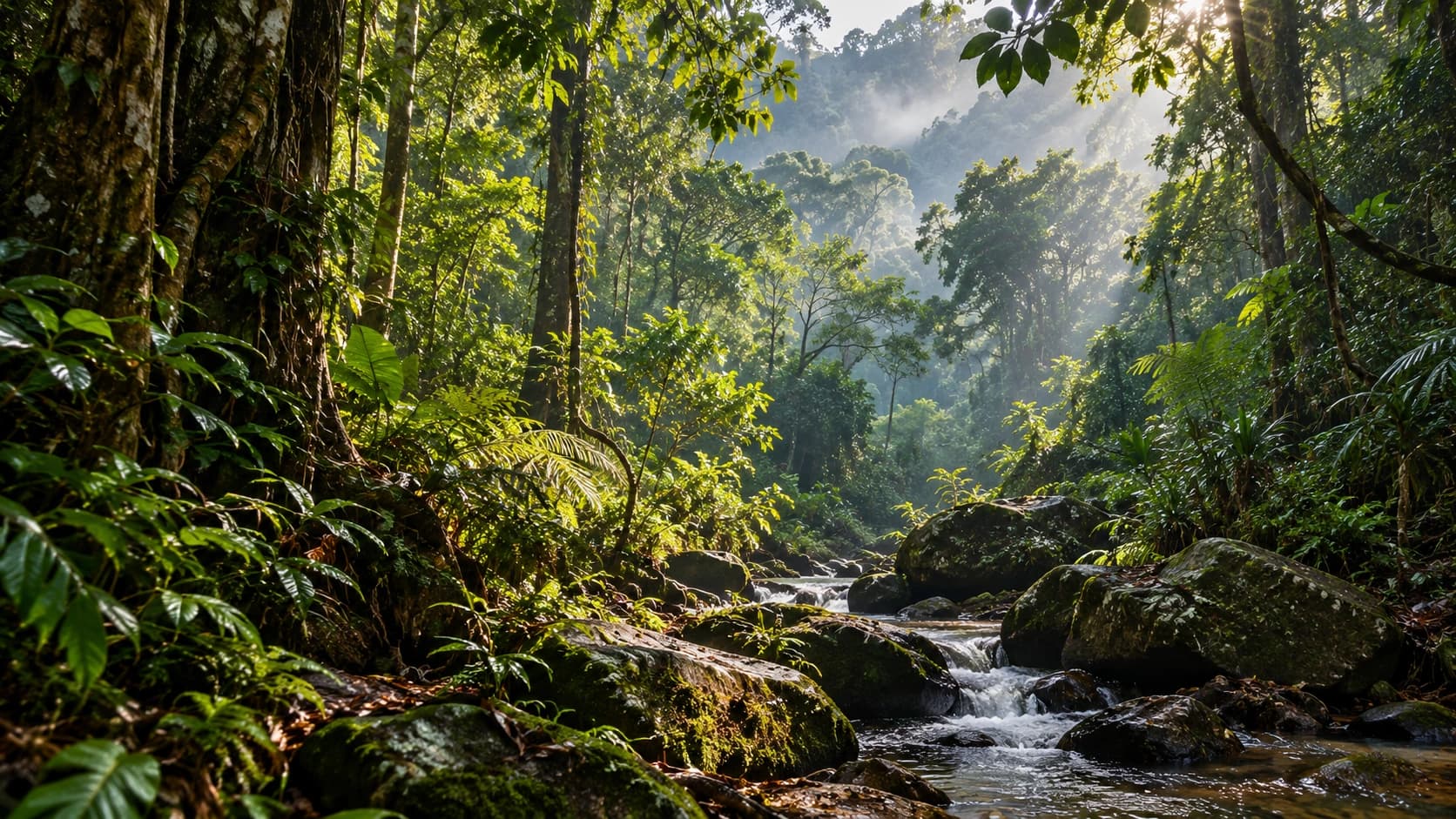 Sunlight and mist through rainforest trees above a rocky stream