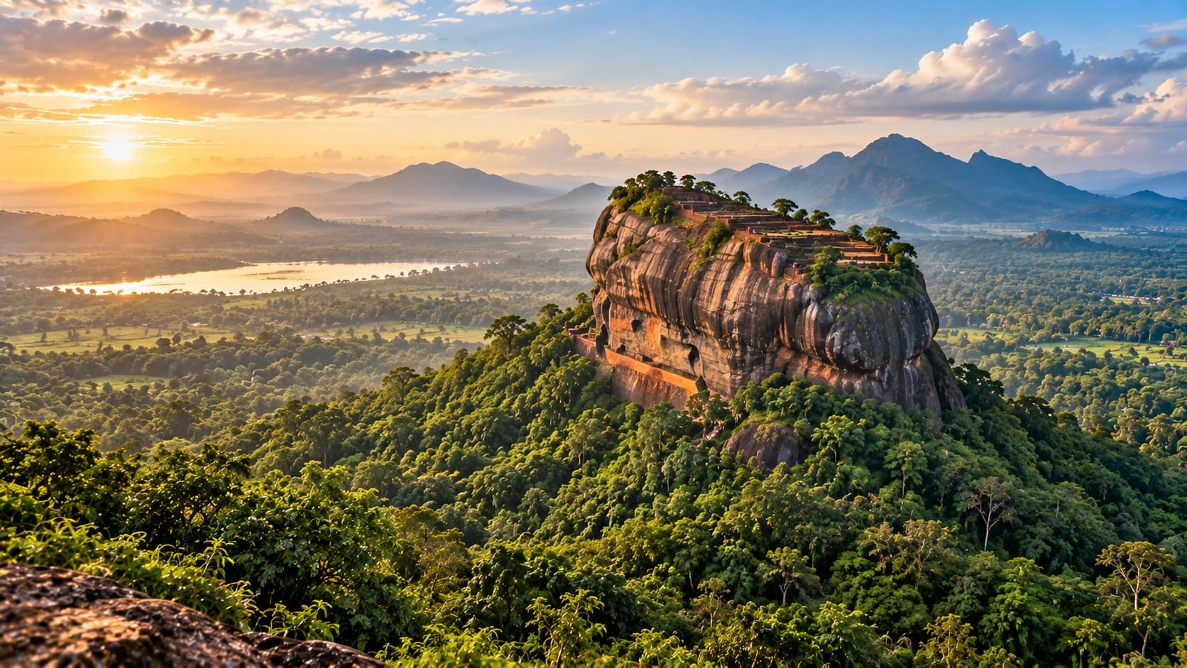 A large flat-topped rock rising above forest at sunrise, with a lake and hills behind