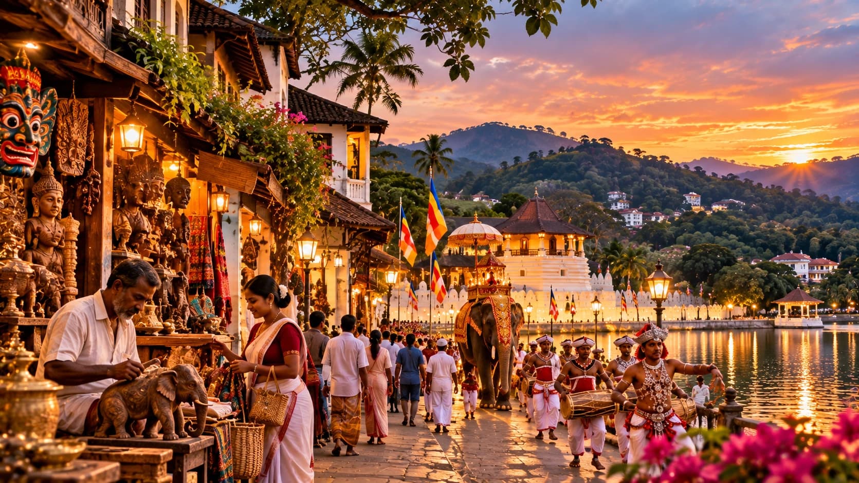 Una strada con mercato accanto a un lago e una processione festosa