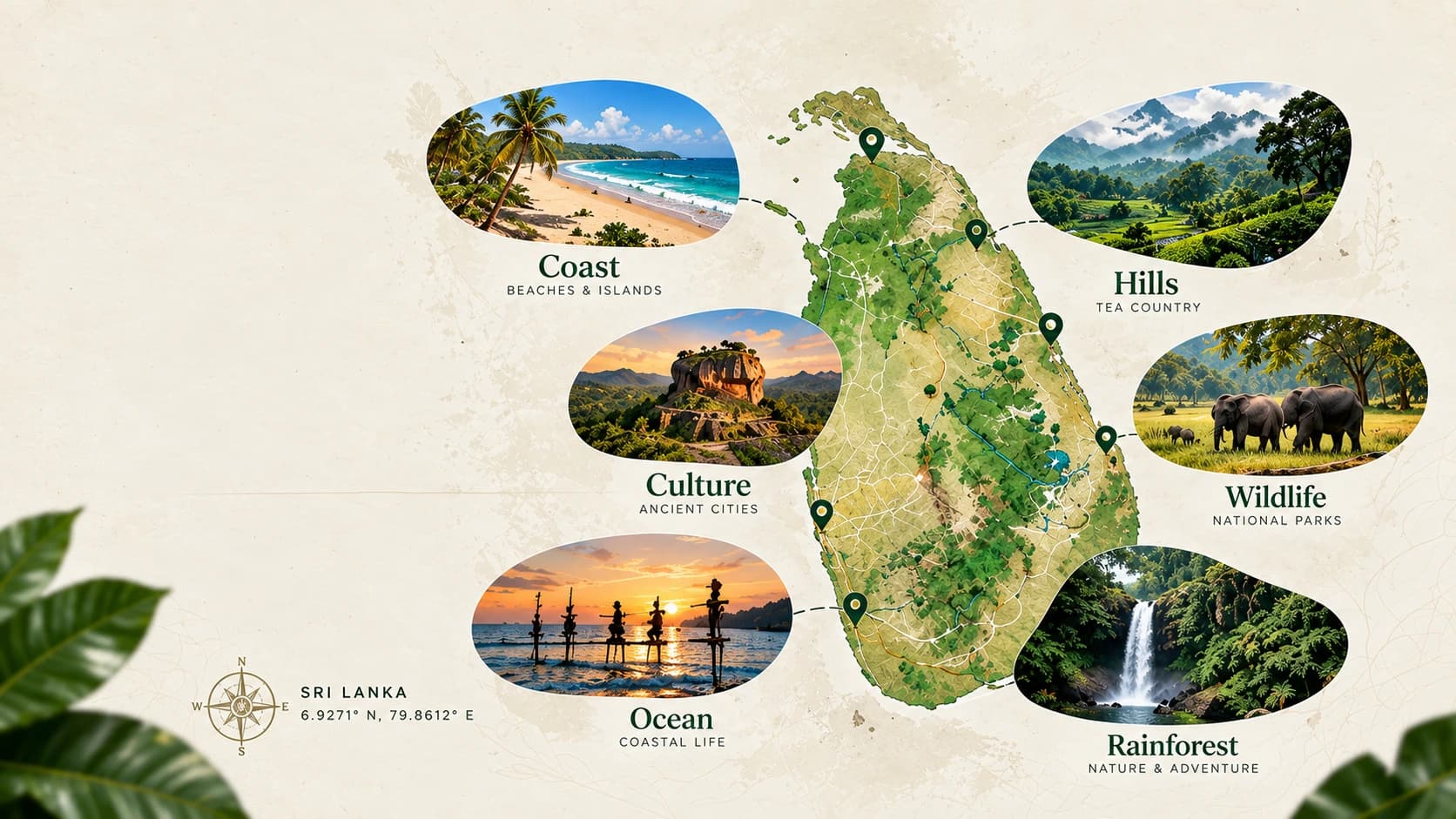 Una mappa illustrata dello Sri Lanka con sei regioni indicate da foto: Costa, Cultura, Oceano, Colline, Fauna selvaggia e Foresta pluviale