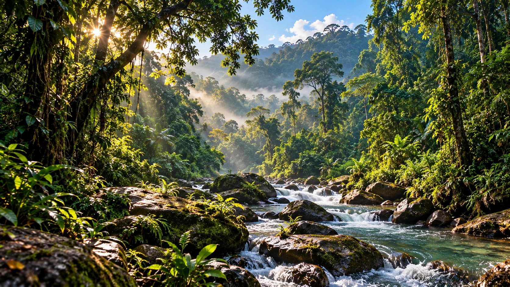 Luce e nebbia tra gli alberi della foresta pluviale sopra un torrente roccioso
