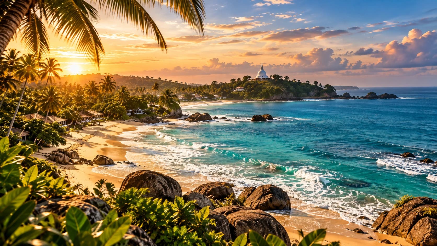 Una spiaggia con palme e mare turchese al tramonto